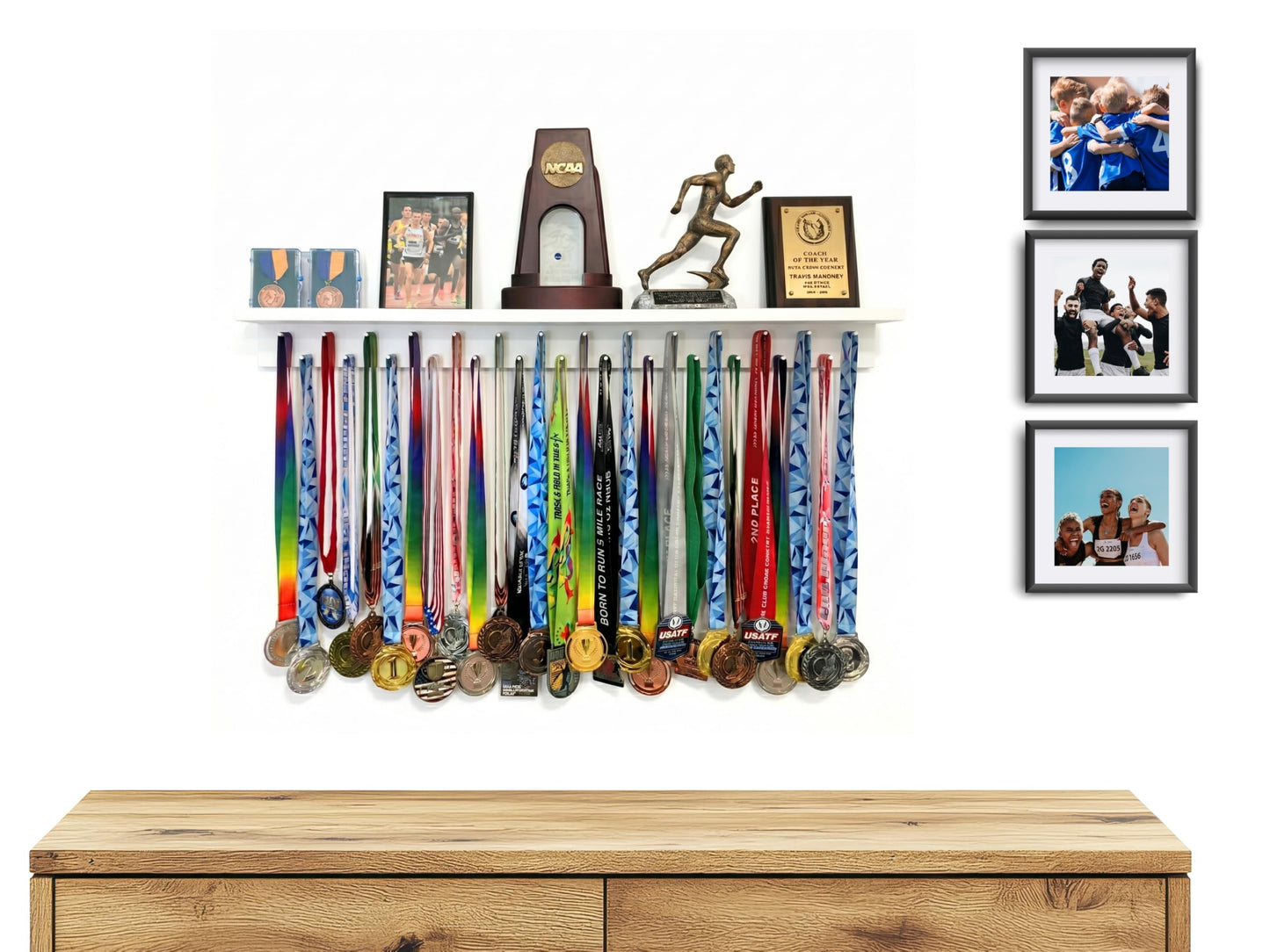 3ft Medal Hanger Display for Wall — Trophy Shelf with Hooks for Medals — 36" Solid Wood — Holds 30+ Medals + Cased Medals for Running, Gymnastics, Cheer, Karate — White- Medal Awards Rack