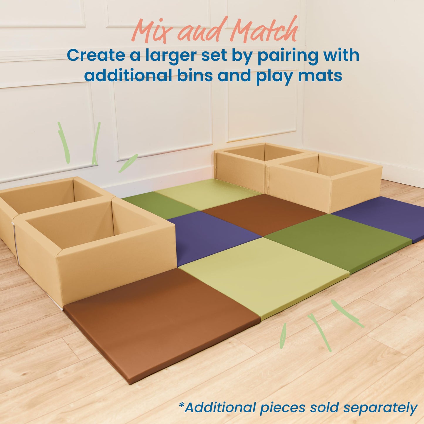 ECR4Kids SoftZone Play Patch Activity Mat and Toy Bins, Beginner Playset, Earthtone, 6-Piece