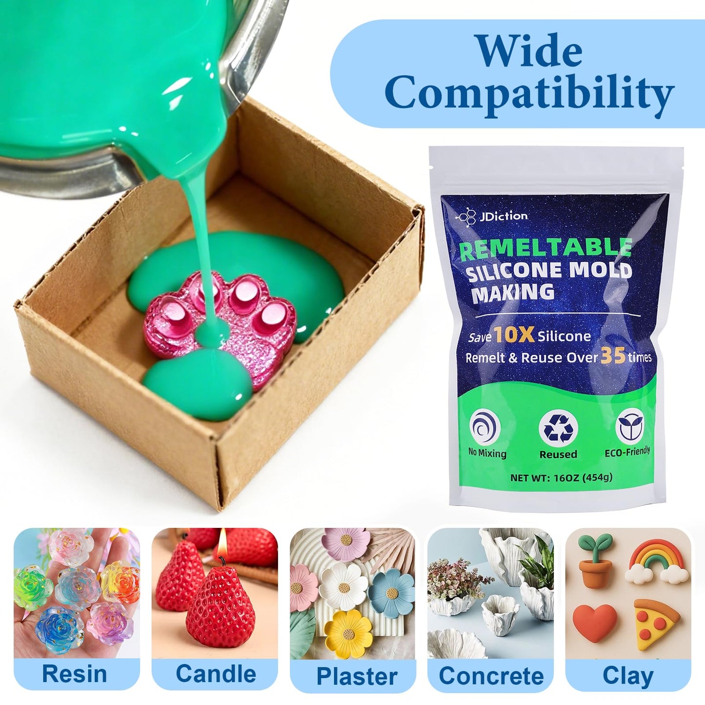 JDiction Remeltable Silicone Mold Making Kit, 35X Reusable Silicone for Mold Making, No Mix, Non-Toxic, Odorless Silicone Rubber for Resin, Epoxy, Picky Pad, Plaster, Soap, Candle, Small Crafts-16oz