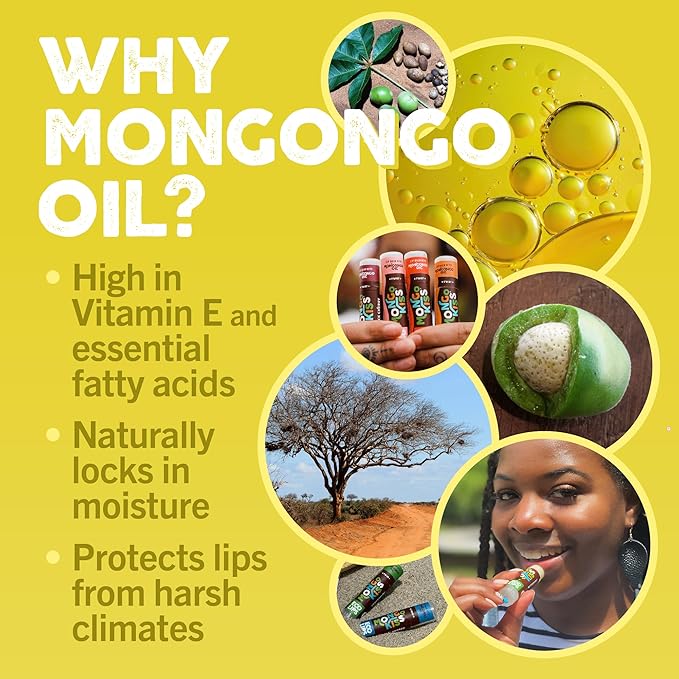 Mongo Kiss Organic Lip Balm 6-Pack by Eco Lips 100% Organic Beeswax & Cocoa Butter Lip Care with Mongongo Oil - Soothe & Moisturize Dry & Cracked Lips - Made in USA. (Pomegranate, Yumberry, Blood Oran