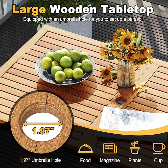 Tangkula 4 Piece Patio Dining Furniture Set, Outdoor Dining Chair Set for 4 w/Acacia Wood & Metal Frame, Umbrella Hole, 1 Table, 2 Armchairs, 1 Bench for Lawn, Garden, Backyard, Porch