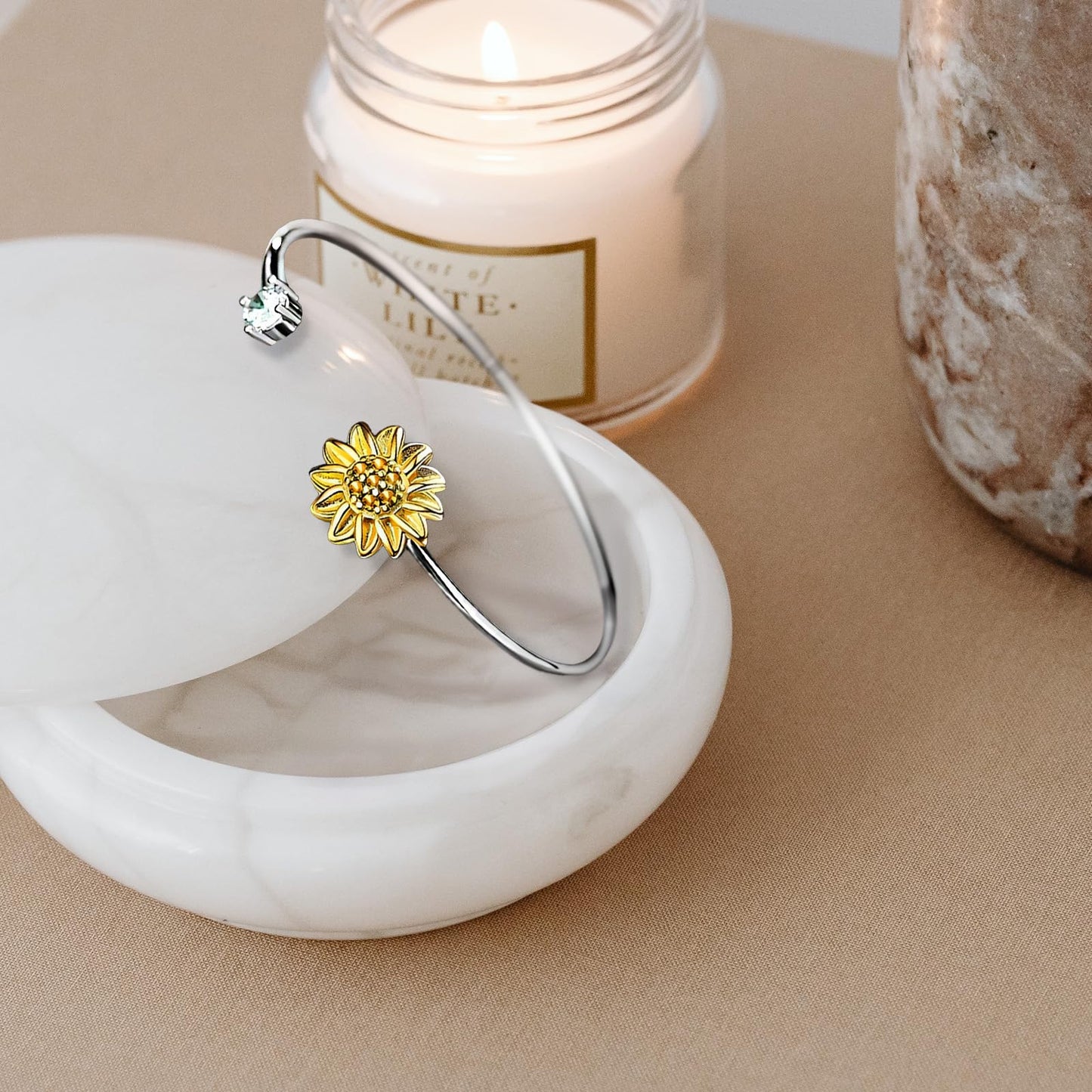 Baoaichi Handmade 925 Sterling Silver Sunflower Bangle Bracelet For Women Adjustable Cuff Bangle Stylish Cubic Zirconia Bangle Simple Thin Bracelet Daily Jewelry for Friendship Gift