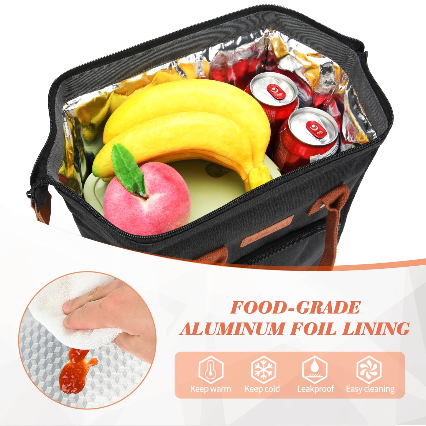 Personalized Lunch Box for Women, Initial Reusable Insulated Lunch Bag, Wide-Open Adult Lunchbox Cooler Lunchbag, Leakproof Lunch Tote for Picnic Work Outdoors, Christmas Gift for Women, Black - E