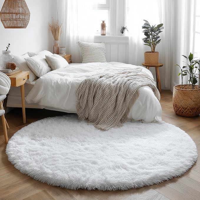 Amdrebio White Fluffy Round Rug 4Ft for Bedroom Aesthetic, Fuzzy Fur Circle Area Rugs for Living Room, Soft Plush Shaggy Shag Carpet for Nursery Dorm, Cute Kids Room Decor for Baby Toddler Teen Girls
