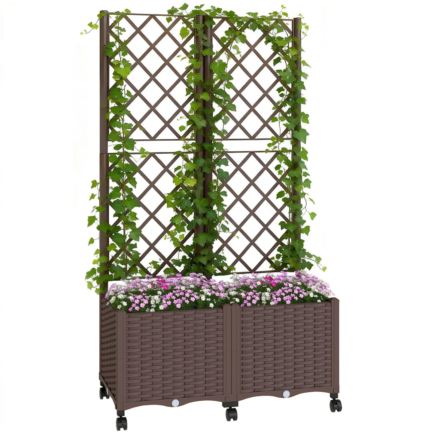 Outsunny Planter Box with Trellis, Self Watering Raised Garden Bed with Lockable Wheels, Privacy Trellis Planter with Drainage Holes for Climbing Plants, Vegetables, Flowers, 56.3", Brown