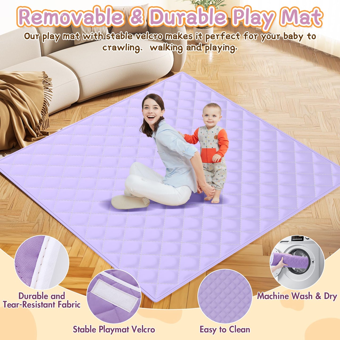 Baby Playpen with Mat 64"x64" - Playpen for Babies and Toddlers with Mat for Apartment - Play Yard with mat Included - Soft Breathable Mesh - All-Wrapped Sponge Play Pen with Handle & Bag (Purple)