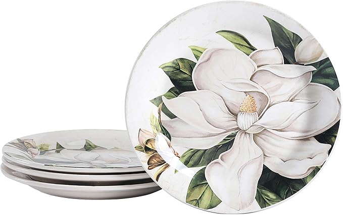 Bico Magnolia Floral Salad Plates Set of 4, 8.75 Inch Ceramic Dessert Plates for Salad, Appetizer, Side Dishes, Microwave and Dishwasher Safe, Gift for Housewarming and Thanksgiving