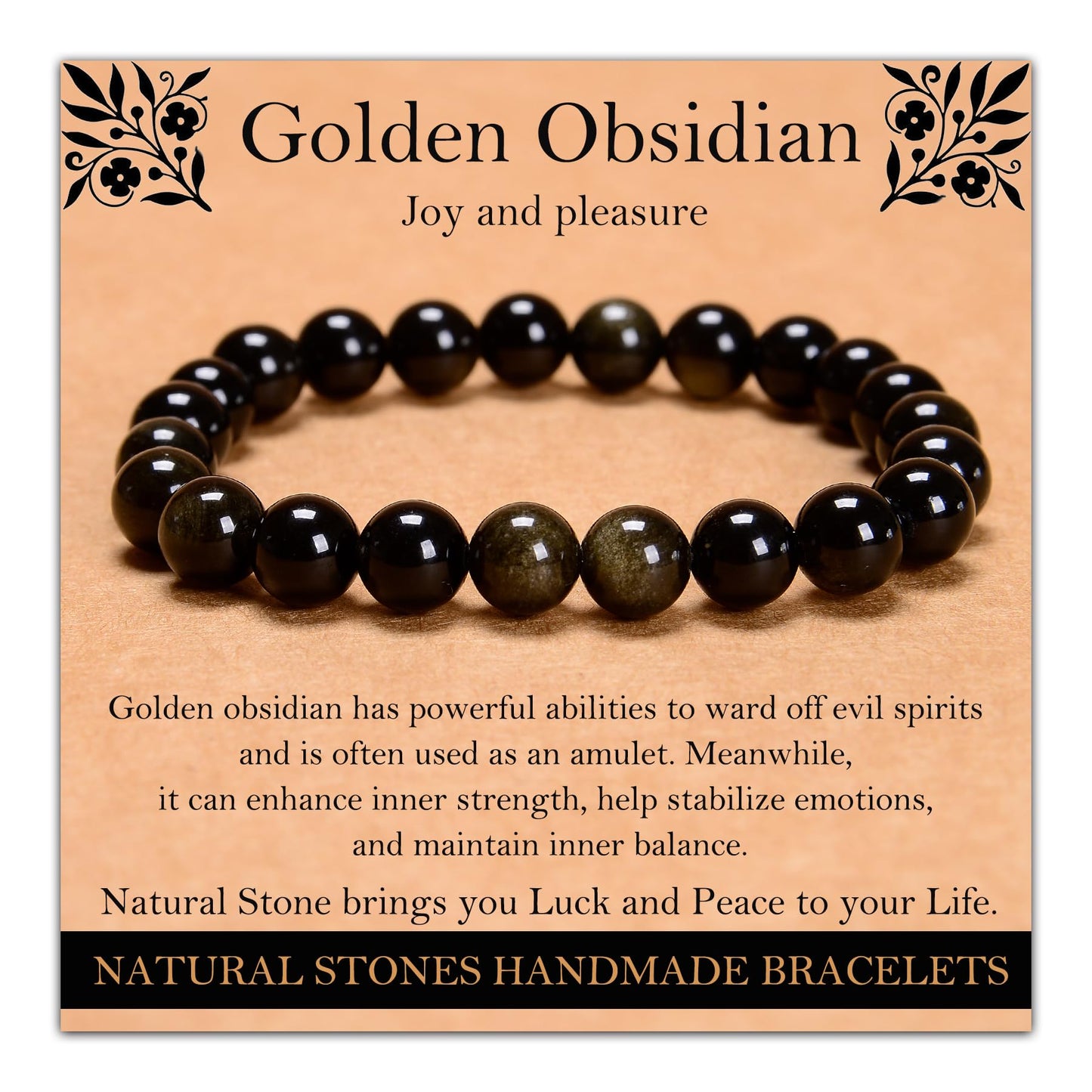 Handmade Natural Gemstone Elastic Bracelet - Healing Crystal Beads Jewelry, Unisex (Golden Obsidian, 8mm)