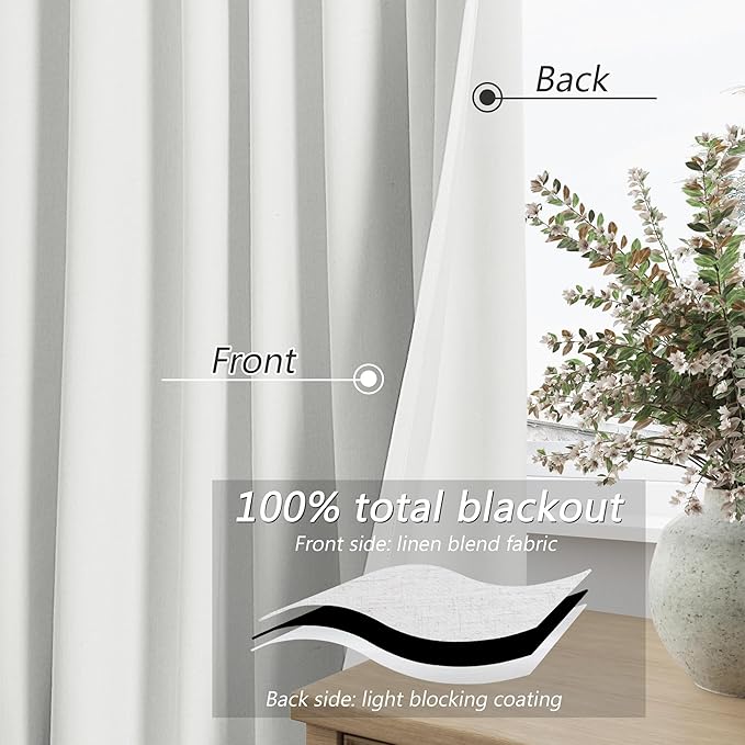 Guken White 100% Blackout Linen Curtains 126 Inch Length 2 Panels Set for Living Room Bedroom Back Tab Thermal Insulated Black Out Drapes Room Darkening Farmhouse Window Curtains 52x126