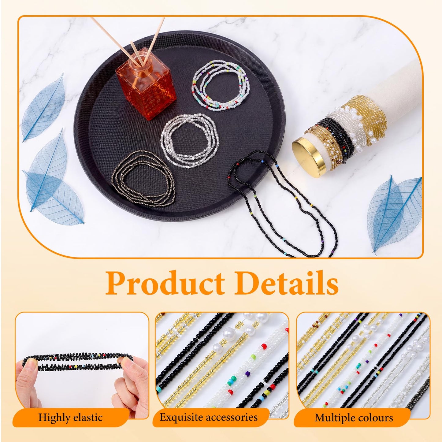 9Pcs Belly Beads for the Waist - Stretchy African Waist Beads for Weight Loss For Bikini Beach Summer - Gold White Black Belly Chain