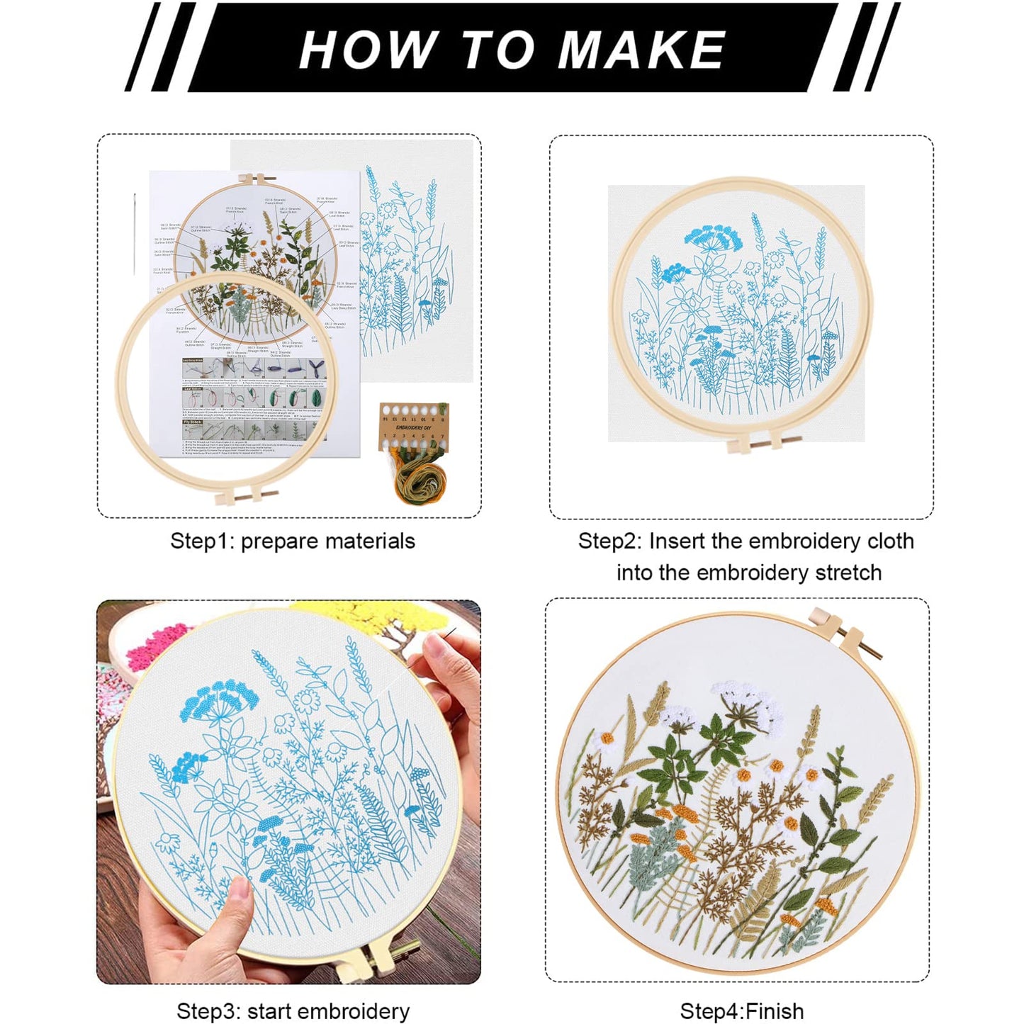 Lukinbox 3 Sets Embroidery Kit for Beginners, Fabric Cross Stitch Kits for Adults, DIY Embroidery Starter Kits with Floral Flower Patterns, Embroidery Hoops, Clothes, Threads and Needles