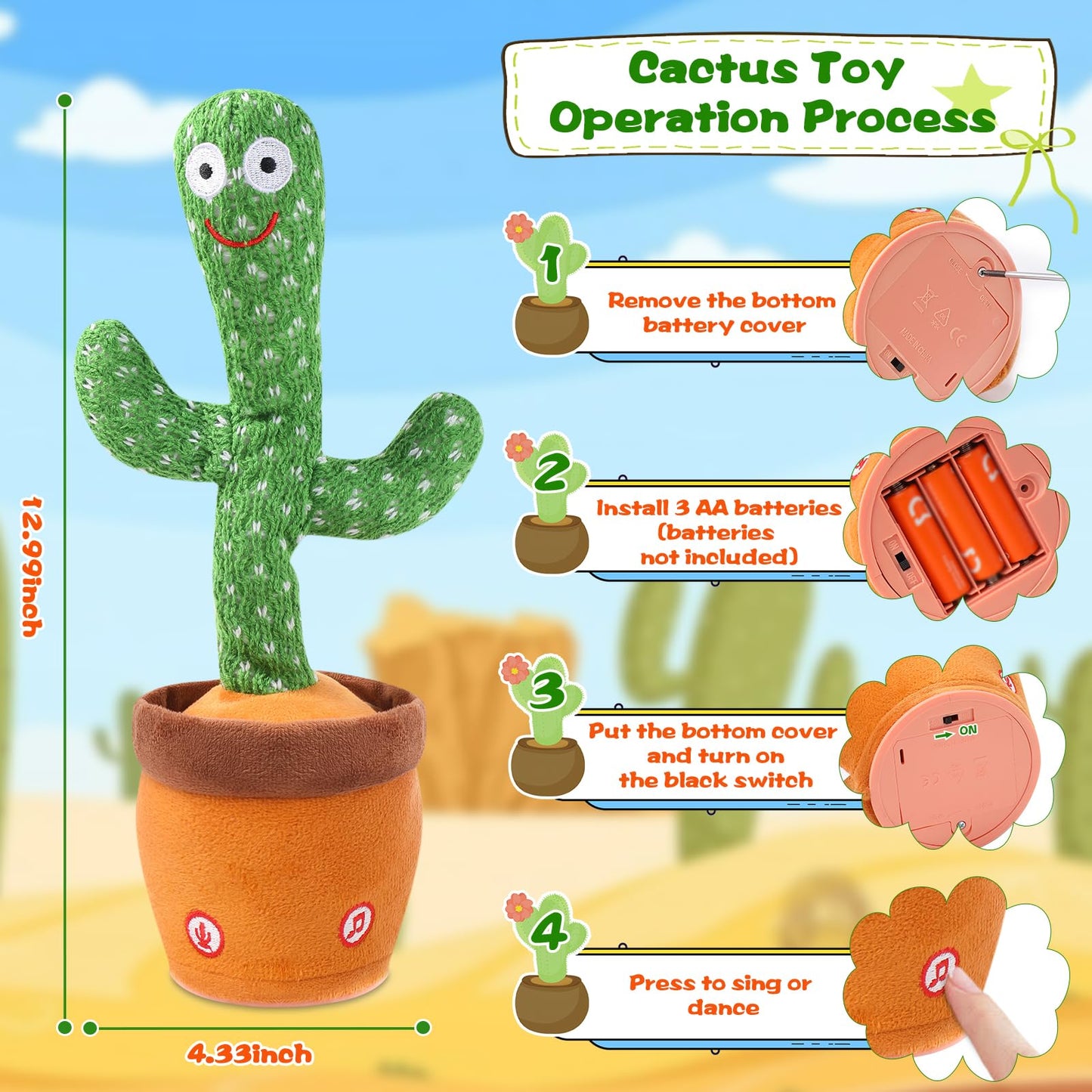 LLUKEME Talking Cactus Toy for Babies 6+ Months & Toddlers - Dancing Singing Repeating Cactus Toy with 10 Songs & Lights, Interactive Plush Gift for Kids Age 1 2 3 4 5 6, for Kids