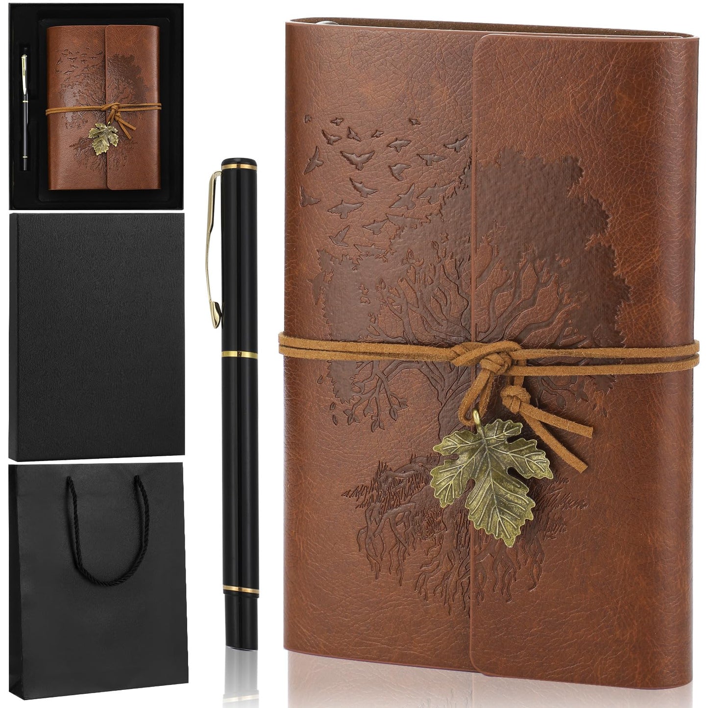 Gueevin Graduation Leather Journal and Pen Gift Set Refillable Notebook and Pen Set with Gift Bag Box 150 Pages A5 Lined Hardcover for Graduation Birthday Holiday Present, Brown