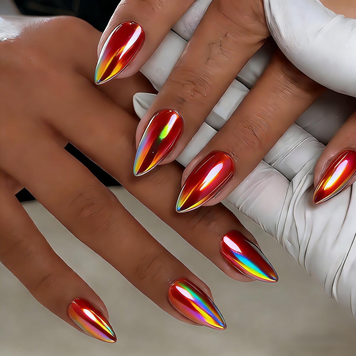 Orange Red Press On Nails Almond - KQueenest Chrome Press On Nails Medium, Pearlescent Peach Fake Nails Press ons, Glitter Glue on Nails Medium Stiletto, Glazed Gel Stick On Nails for Women, 24 Pcs