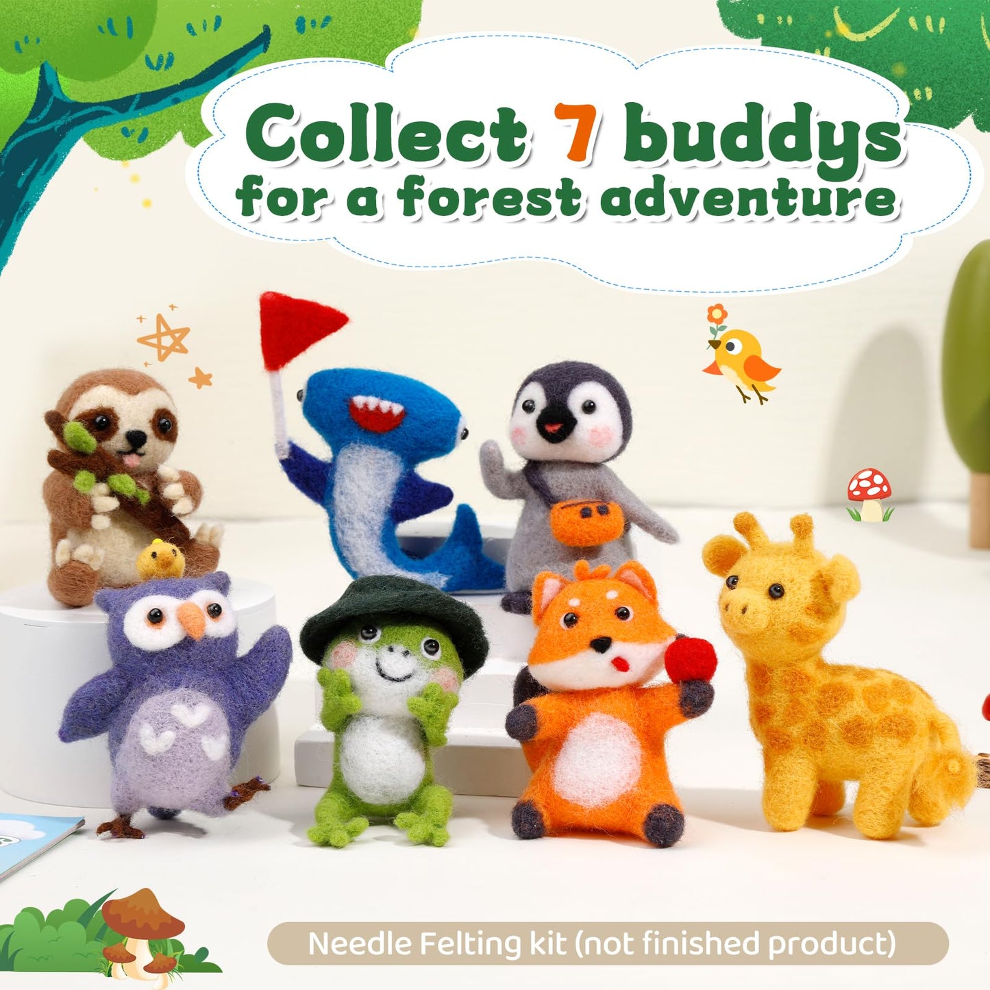 OEHPICC Needle Felting Starter Kit, 7 Cute Buddy Wool Felting Kit, Animal Felt Kit for Beginner Adults with Felting Needles and Instructions for DIY Felting