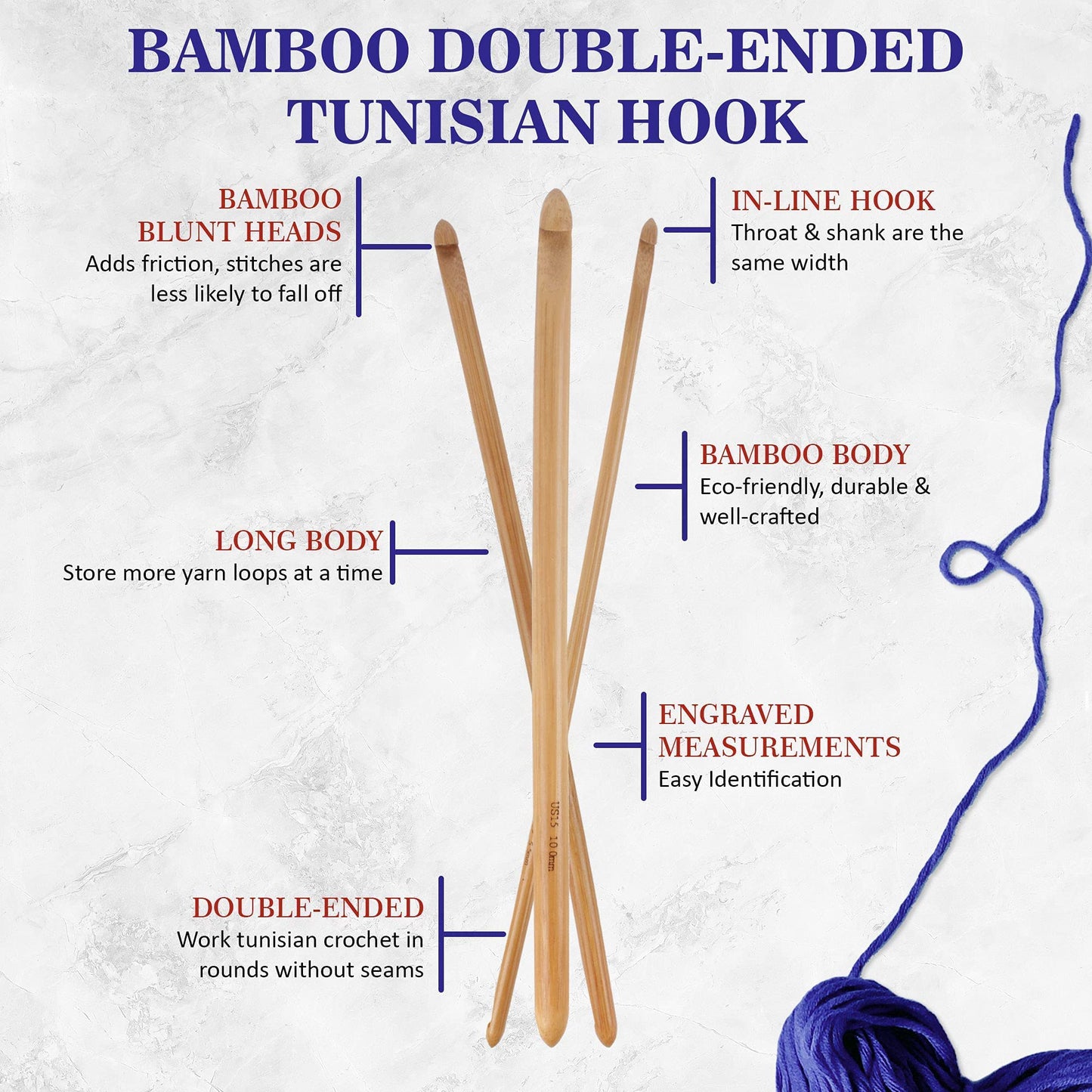 JubileeYarn Double Ended Bamboo Tunisian Crochet Hooks Set - Carbonized Brown - 15 Sizes