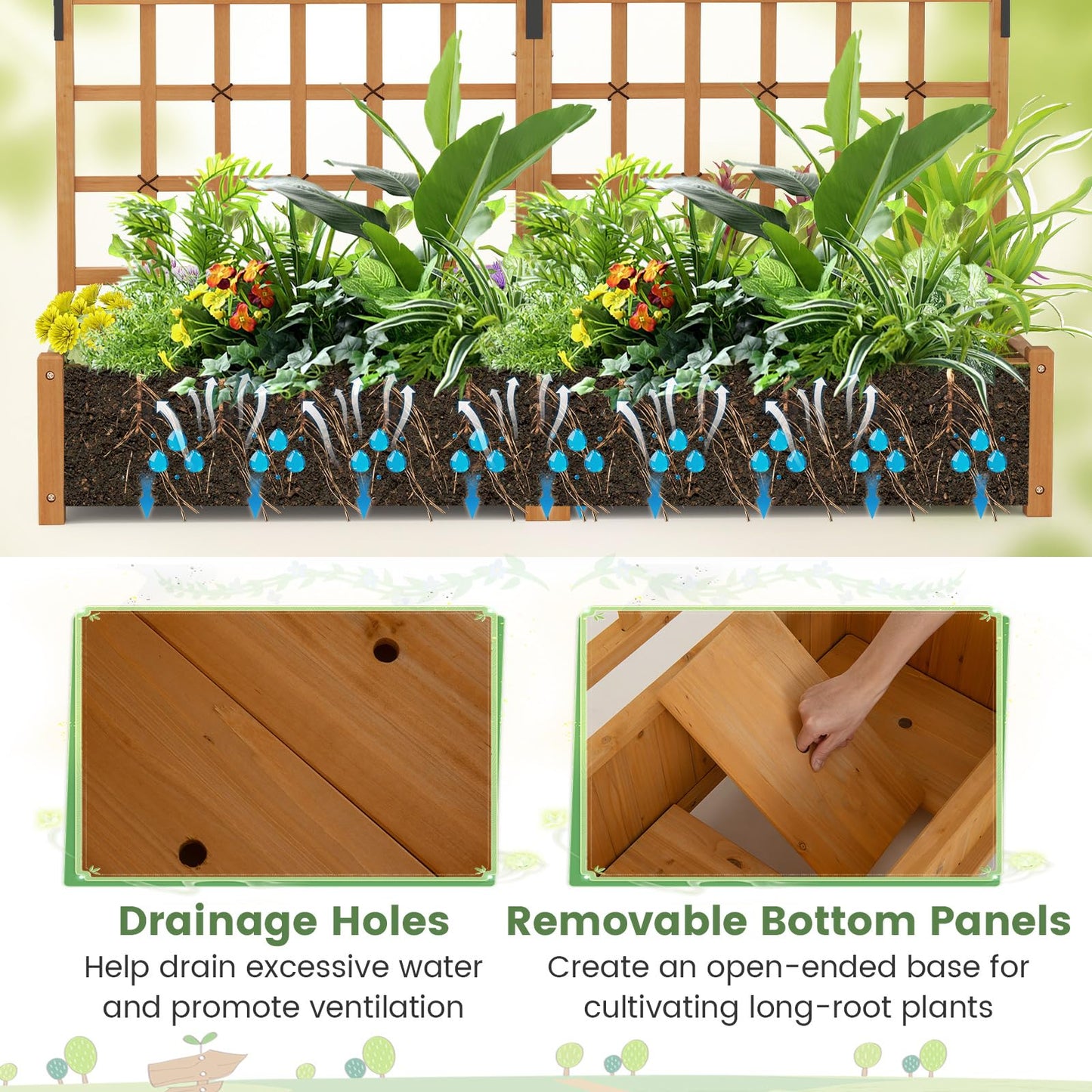 Toolsempire 72" Raised Garden Bed with Lattice Trellis, Hanging Roof & Drainage Holes, Elevated Wooden Planter Box for Vine Climbing Plant, Flower, Herb & Vegetable