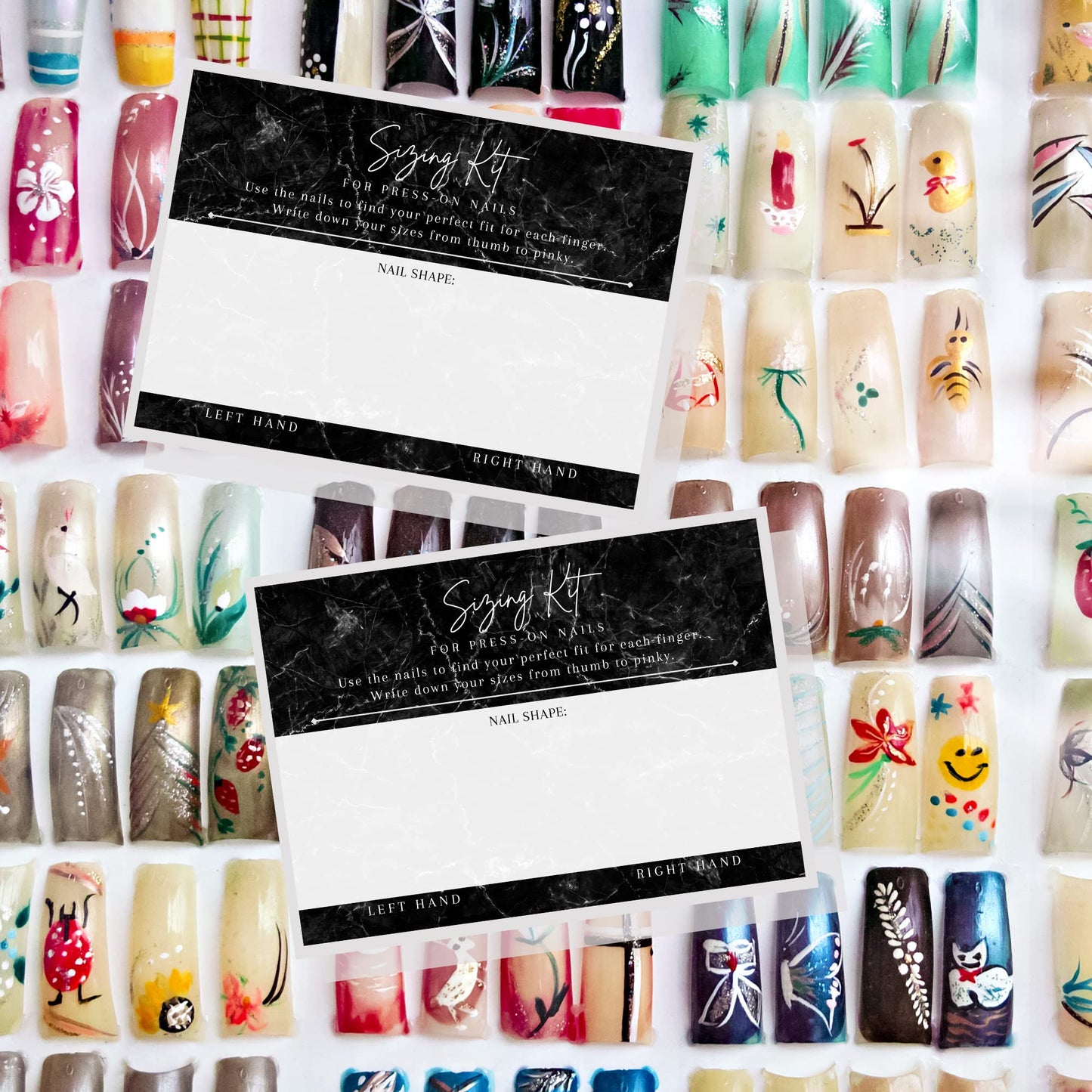 Boutique Marketing LLC Press On Nail Sizing Card | Physical Printed 5x7inch inch Large Postcard | Press-On Nail Supplies | Black Marble Design