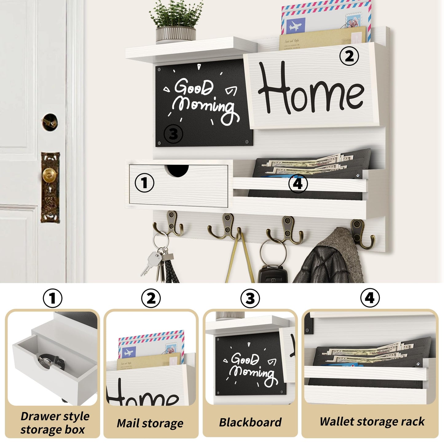 Farmhouse Key Holder for Wall with Mail Organizer - Easy Installation Wall Mount Organizer, Includes Chalkboard, Drawer, Wallet Holder & 4 Double Hooks, Ideal for Entryway, Quick Access - White