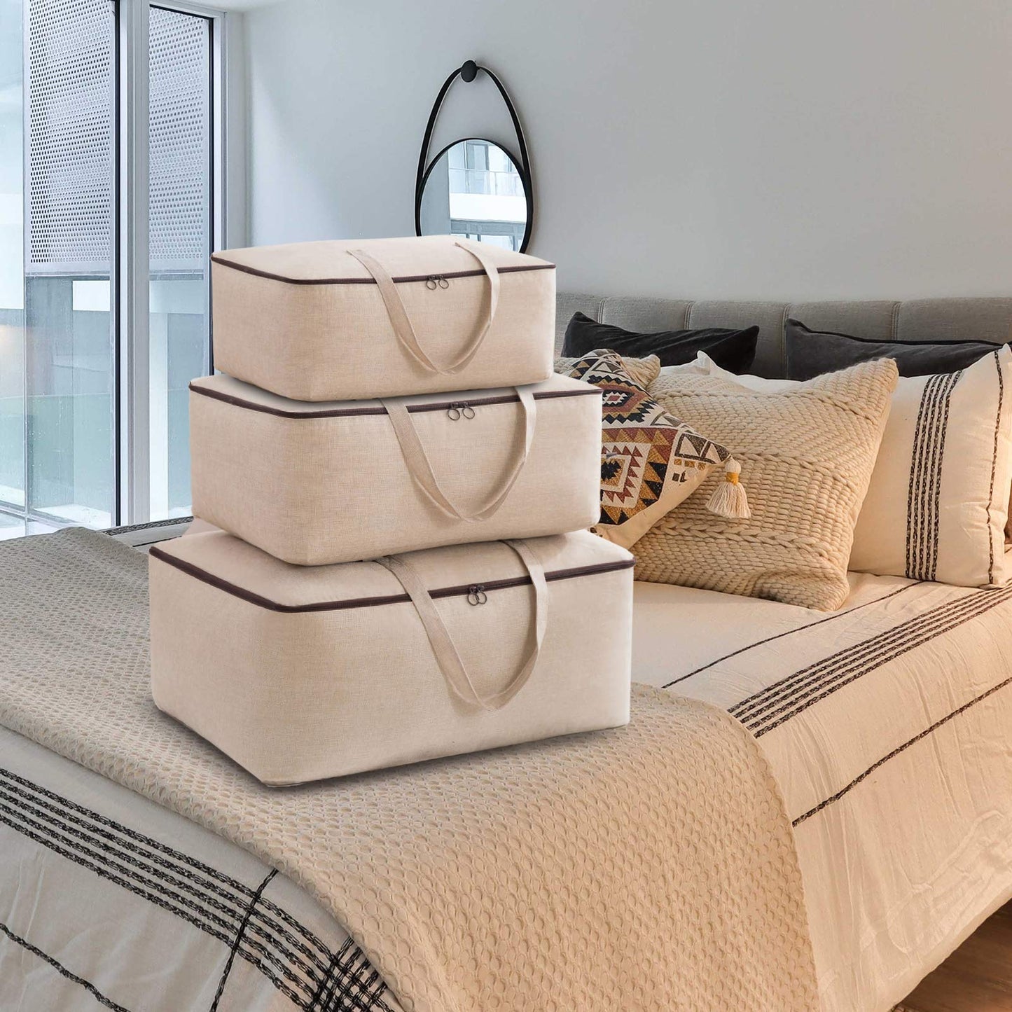 Surblue Clothes Storage Bag Organizer with Durable Handles Thick Fabric Large Capacity for Blanket Comforter Clothing Bedding (Beige, L)