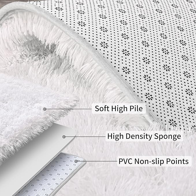 Soft Runner Rugs for Bedroom Hallways, 2x6 White Fluffy Shag Throw Area Rug Non Slip for Bedside Dorm, Long Shaggy Furry Carpet for Nursery Living Room