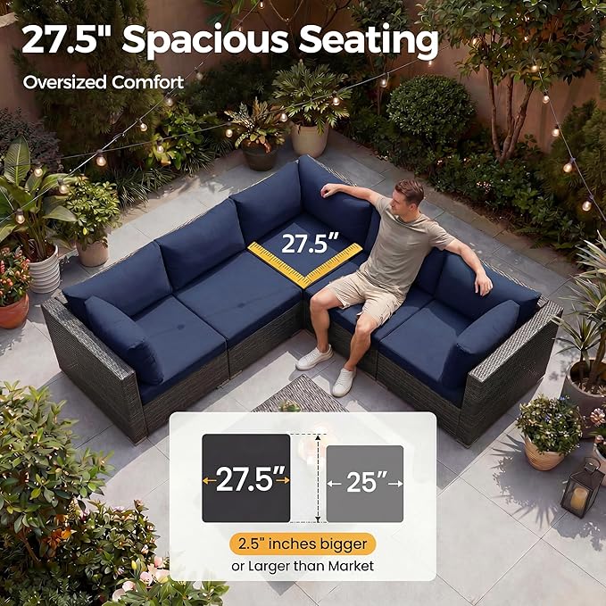 NICESOUL 13 Pcs Outdoor Furniture with Fire Pit, 29.3'' High Back Large Patio Couch Set with Fire Pit Table & Chaise Lounge, Extra Wide Deep Seat Sectional Sofa and Lounger for Deck, Grey & Navy Blue