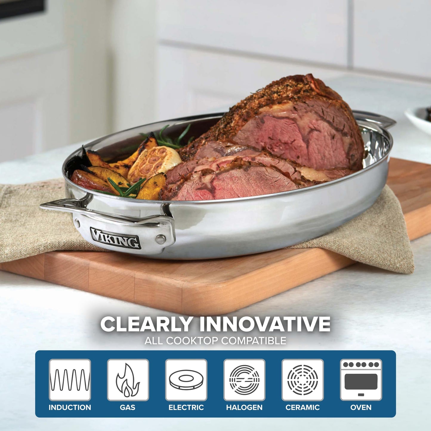 Viking 3-Ply Oval Roasting Pan, 8.5 Quart, Stainless Steel Kitchen Cookware with Metal Induction Lid and Rack, Great for Turkey, Dishwasher and Oven Safe, Silver