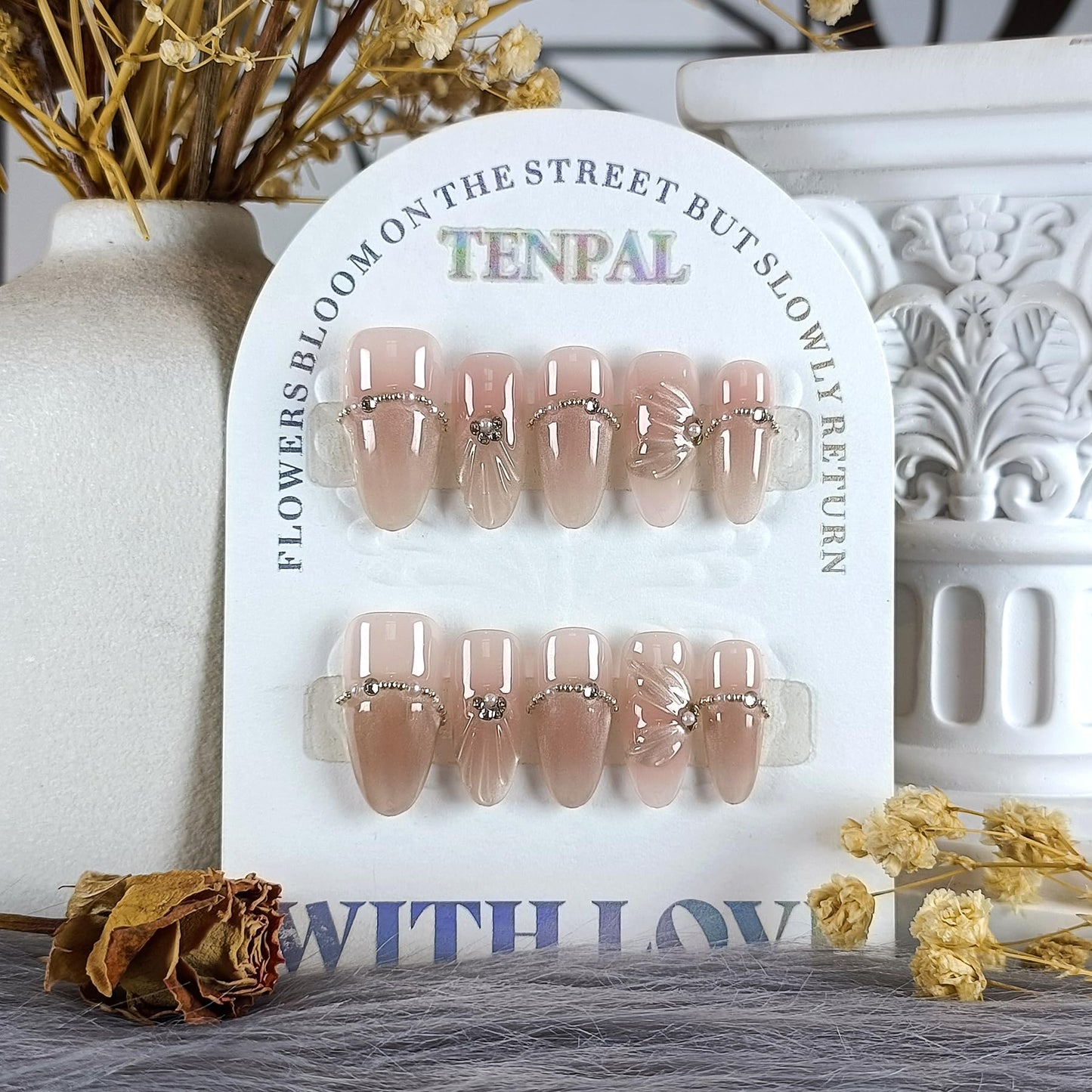 TENPAL Mermaid Cat Eye Press on Nails 10Pcs Kit,Medium Almond Nude Pink Fake Nails with 3D Wave Shell, Chain Rhinestone French Tips Spring Summer False Nails,Handmade Glue on Nails Luxury Design(M)