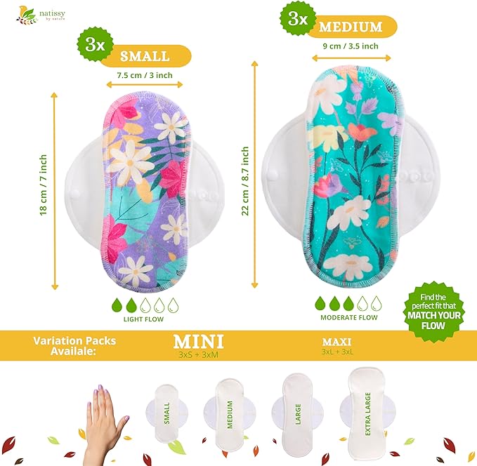Non-Slip Premium Reusable Period Pads for Light Flow (S+M, 6-Pack); High-Temp Washable Organic Cotton Cloth Pad for Women & Teens; Non-Irritating Reusable Pads Menstrual for Comfortable Period Care