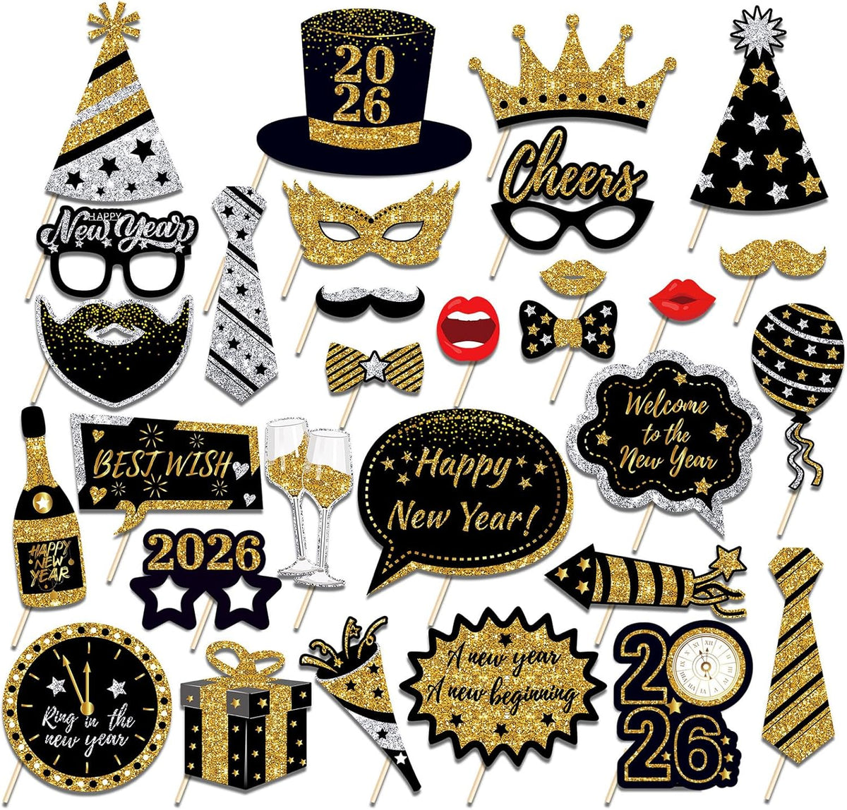 New Years Eve Photo Booth Props 2026, 30 Pcs Black Gold and Silver Funny New Years Eve Party Photo Booth Props for Happy New Year 2026 Party Decorations