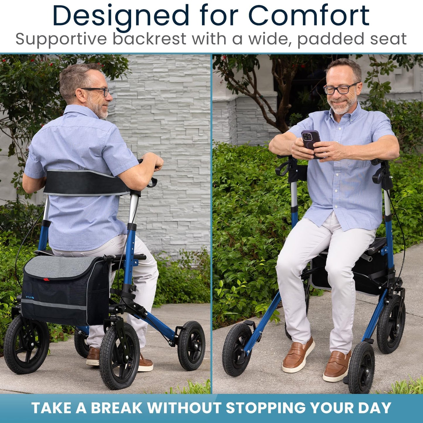 Vive All-Terrain Rollator Walker with 12” Pneumatic Wheels - Padded Seat & Backrest, Lightweight Outdoor Rolling Walker with Big Wheels - Foldable with Height Adjustments