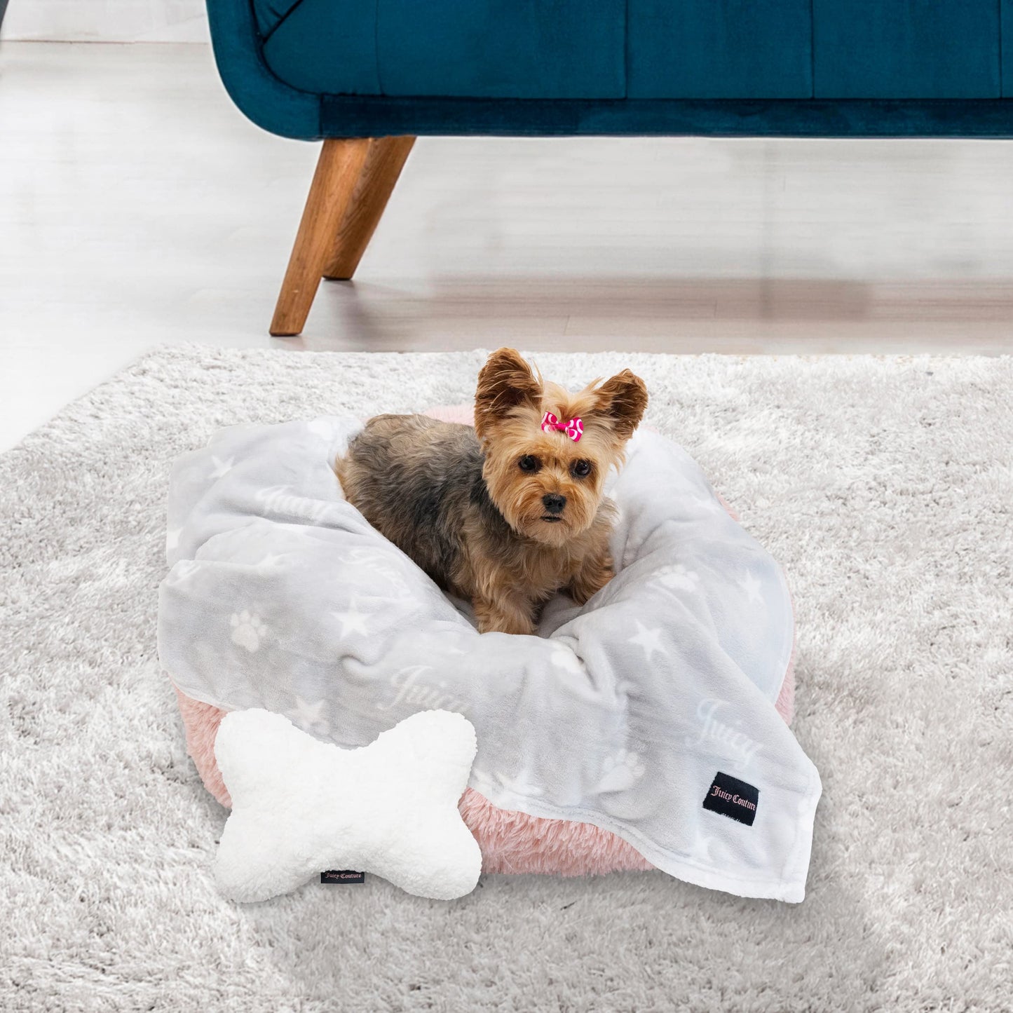 Juicy Couture Grey Paws and Stripes Dog Blanket with Sherpa Bone Shaped Pillow – Plush Puppy Blanket Throw, Breathable, Lightweight, Machine Washable, Cat Blanket for Small Medium & Large Pets