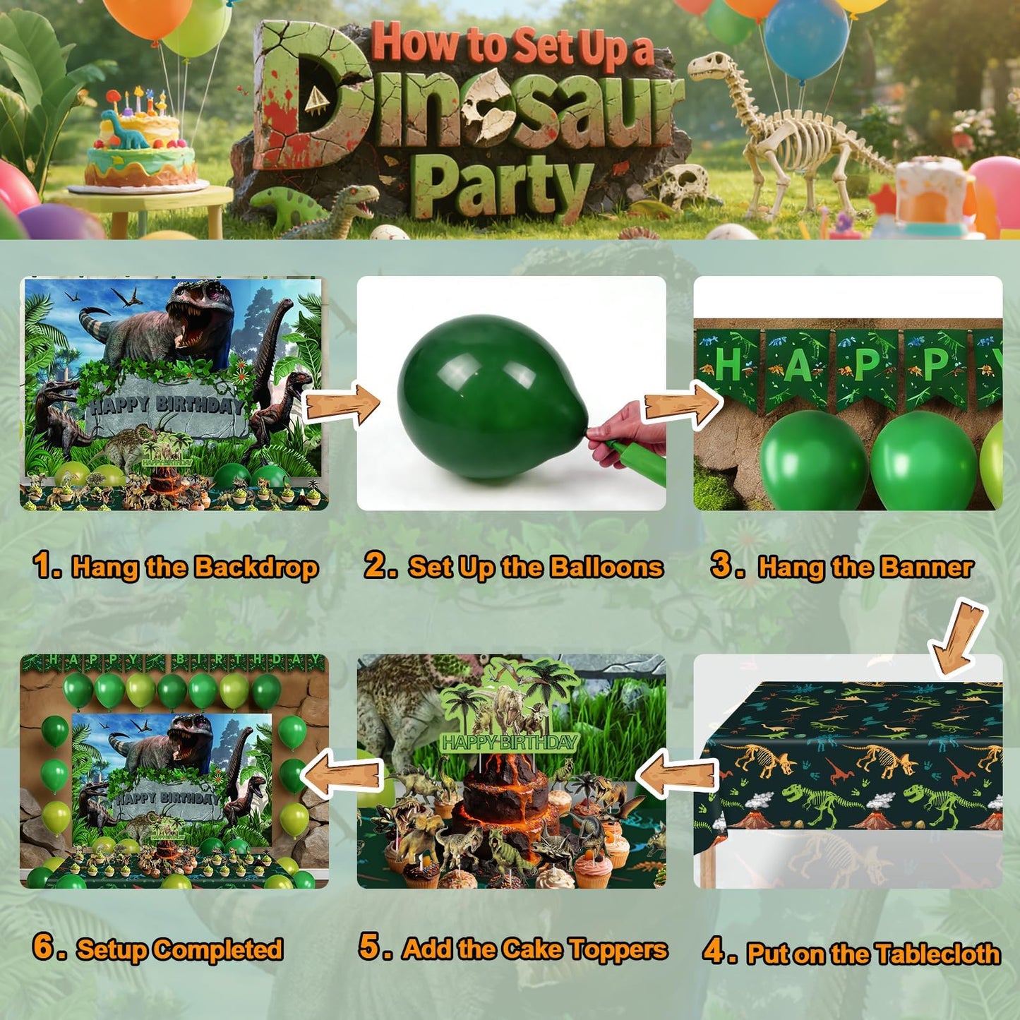 Dinosaur Birthday Party Decorations for Boys - Complete Kids Dino Party Supplies with Backdrop, Tablecloth, Birthday Banner, Cake Toppers, Balloons Kit & Tattoo Stickers