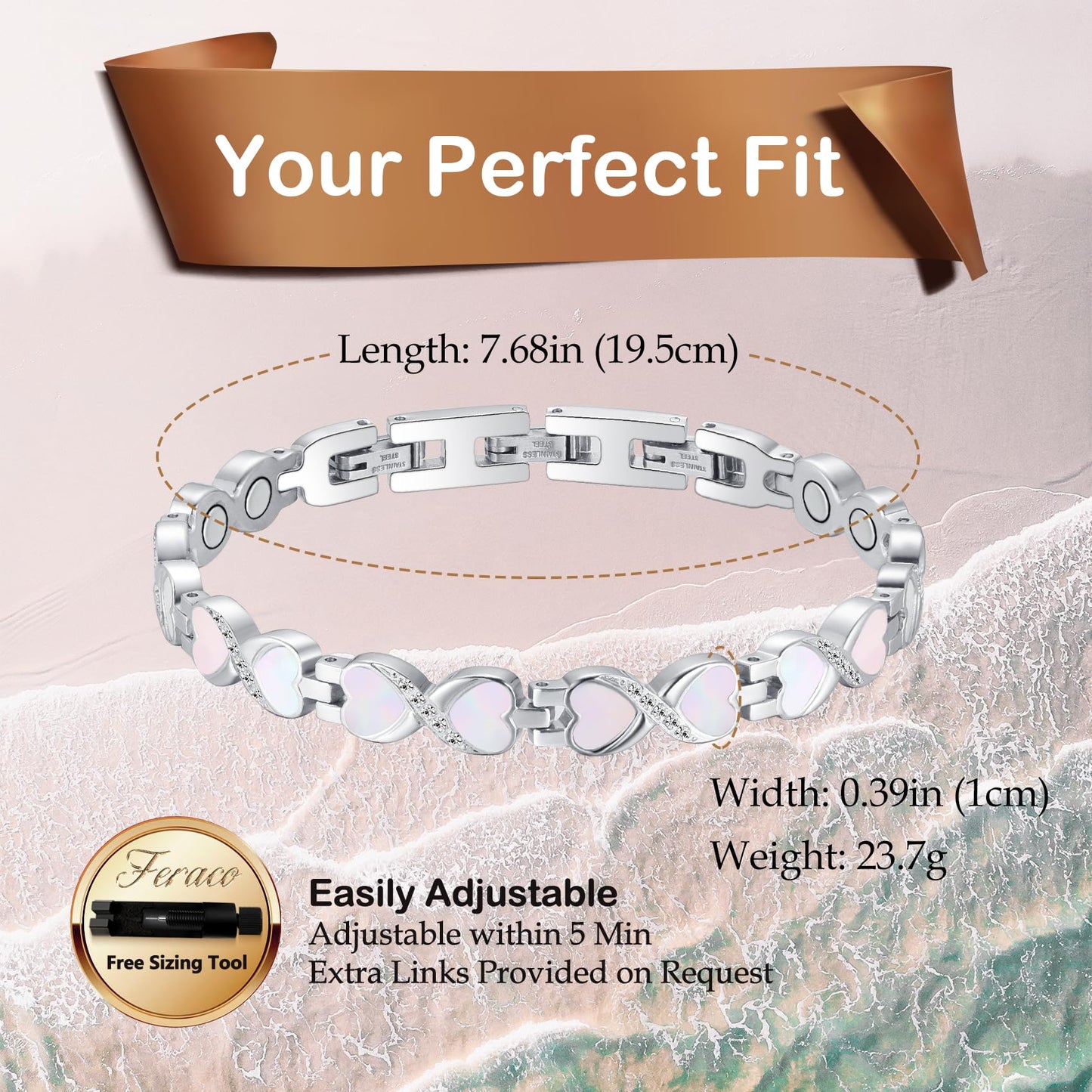 Feraco Ultra Strength Magnetic Bracelets for Women with 3800 Gauss Therapy Magnets, Titanium Steel Magnet Bracelet for Women with Natural Fritillaria, Adjustable with Sizing Tool, Original Design