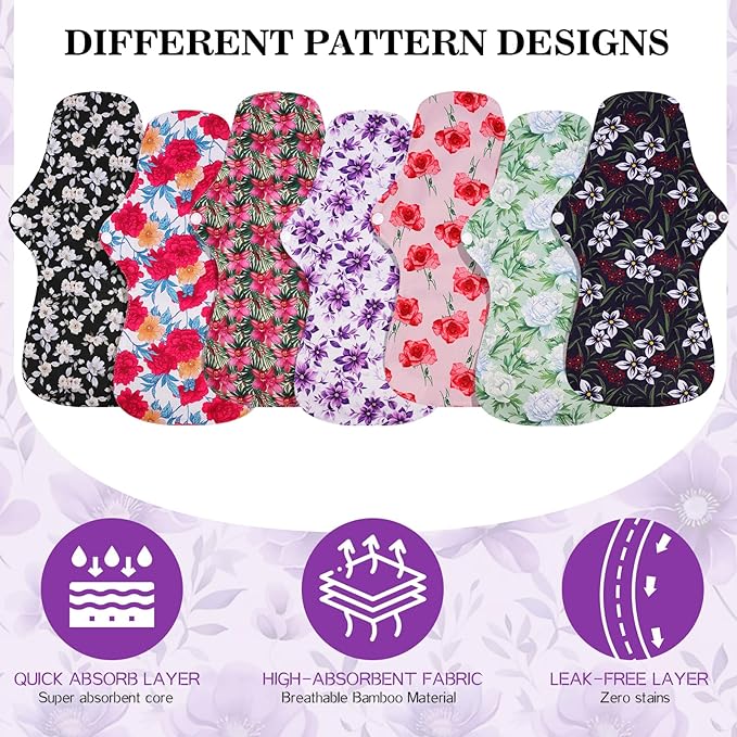 PHOGARY Reusable Menstrual Pads, Washable Overnight Cloth Panty Liners, 7pcs Bamboo Cloth Large Sanitary Pads for Heavy Flow with 1pc Wet Bag