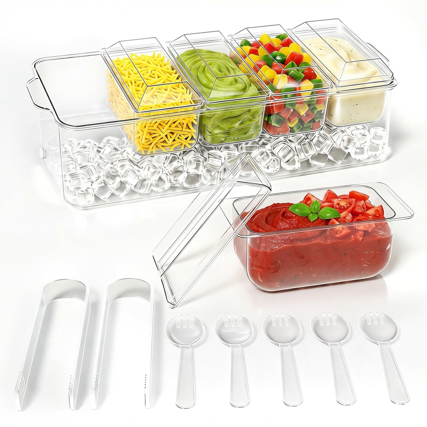 ARSTPEOE Condiment Tray, Chilled Condiment Server for Home, Party, Celebration, Bar Garnish Holder on Ice, Bar Accessories Fruit and Salad with Removable Trays and Lids (5 Spoons & 2 Tongs)