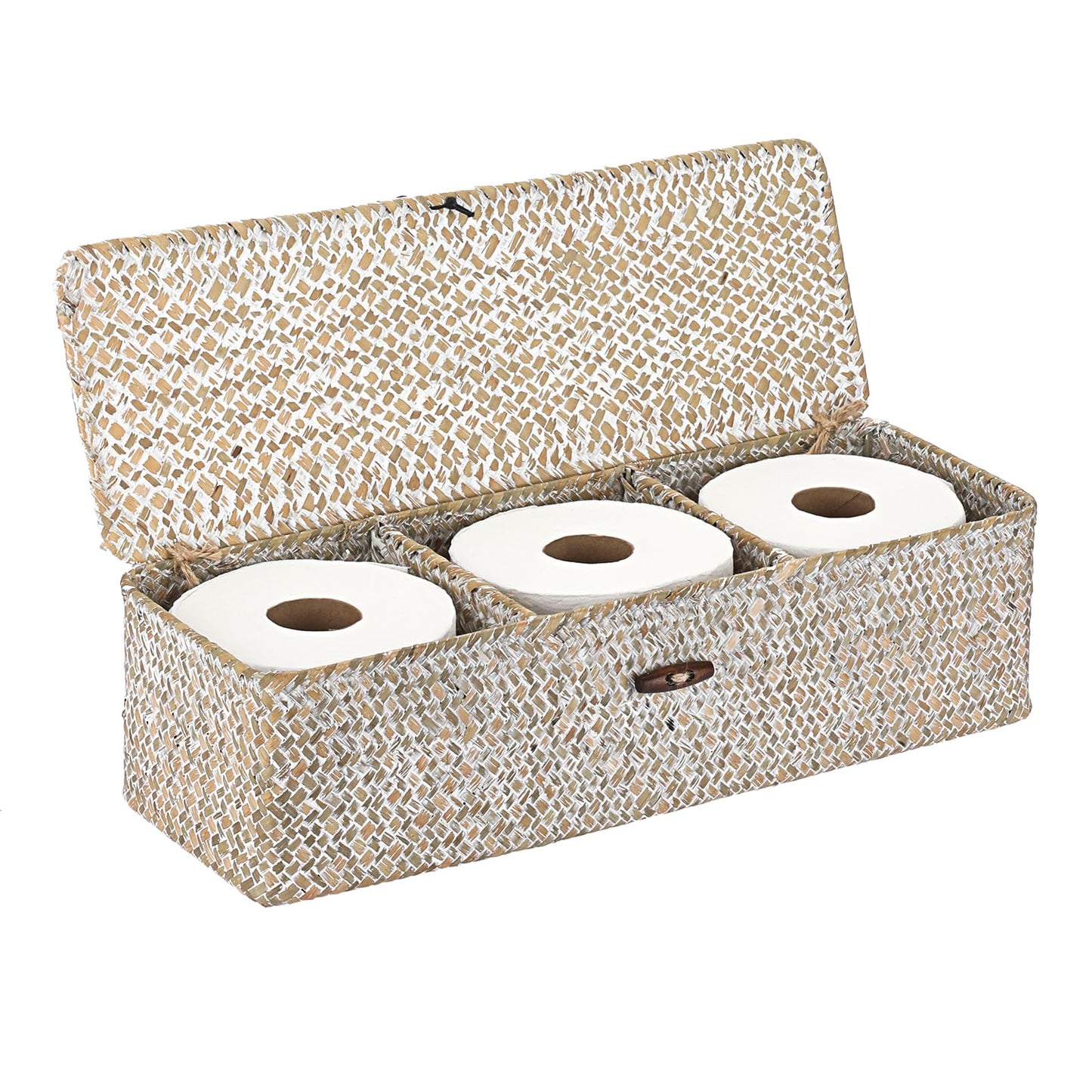 Hipiwe Storage Basket with Lid 3 Sections Handwoven Seagrass Basket Rectangular Closet Organizer Bin Multipurpose Storage Box for Bathroom Shelf Kitchen, Whitewash