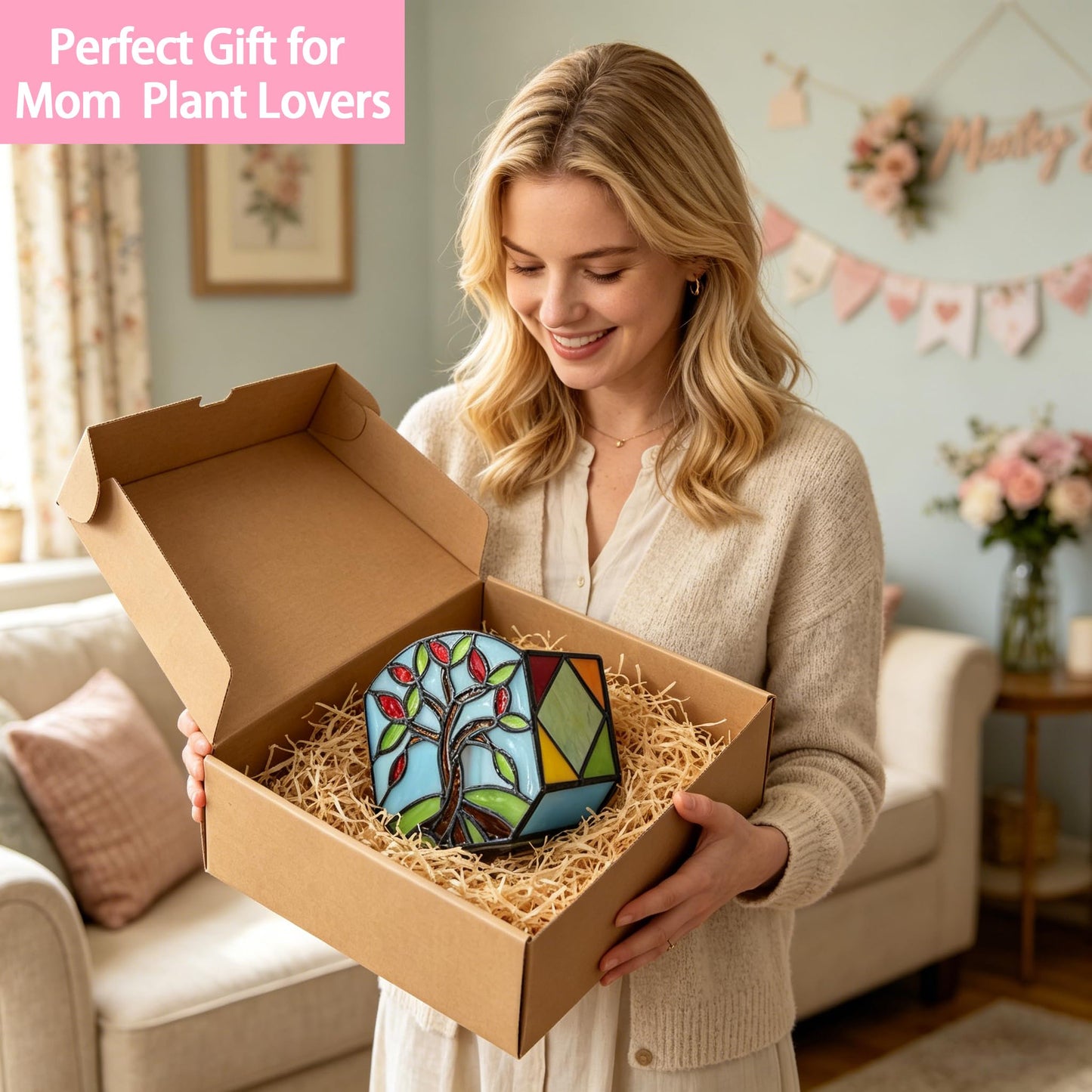 Entlityful Handmade Stained Glass Tree of Life Planter, Decorative Succulent Pot for Indoor Plants, Boho Home Decor for Windowsill and Living Room