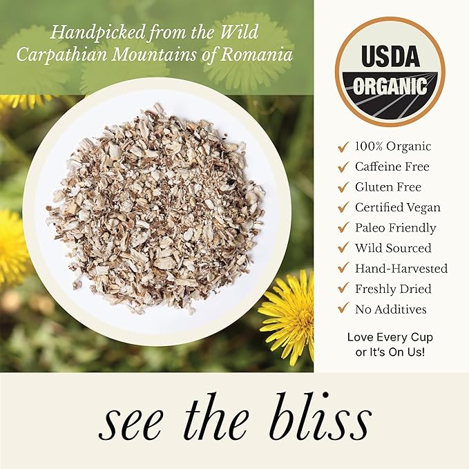 Wild Bliss Organic Wild Raw Dandelion Root Tea - Pharmacopoeia Quality Caffeine Free Herbal Detox Support - 25 Plant Based Tea Bags