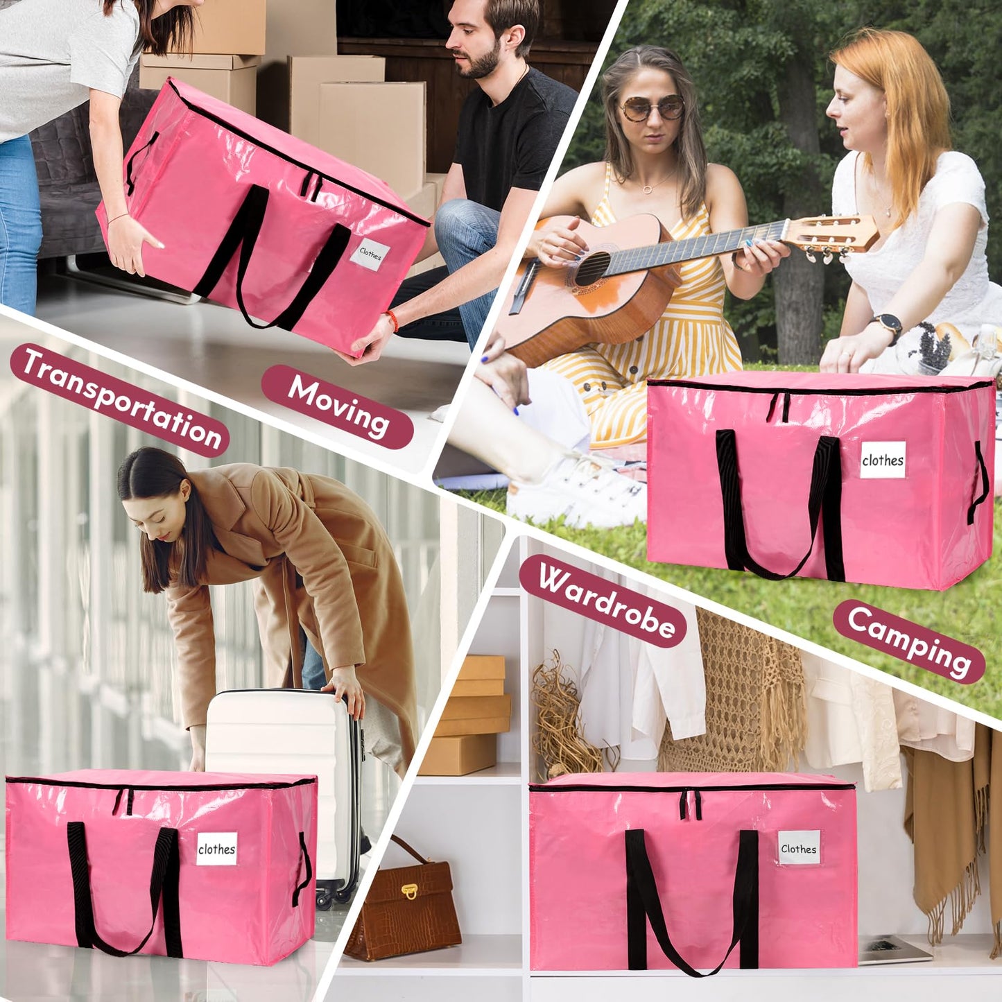 2-Pack Extra-Large Heavy-Duty Storage Totes with Reinforced Handles, Durable Zippers & Waterproof Material — Perfect for Space-Saving, Moving, Shipping and Travel (Pink)