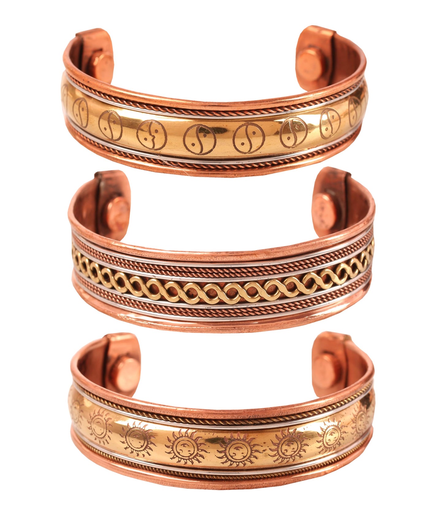 Touchstone copper bracelets | gift for men women |adjustable 100% pure solid real magnetic jewelry | handmade bracelet set combo | rope braided tibetan bangles. Set of 3 different designs