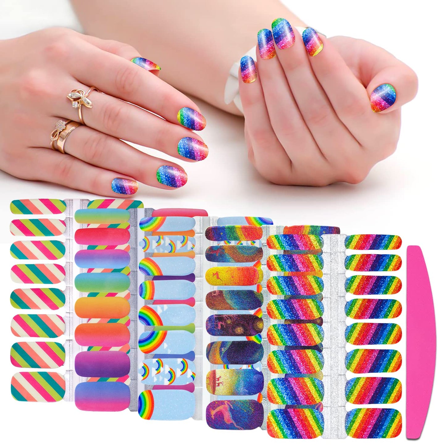 SILPECWEE 5 Sheets Rainbow Nail Wraps - Self Adhesive Nail Polish Strips for Women's Manicure Design with 1pc Nail File