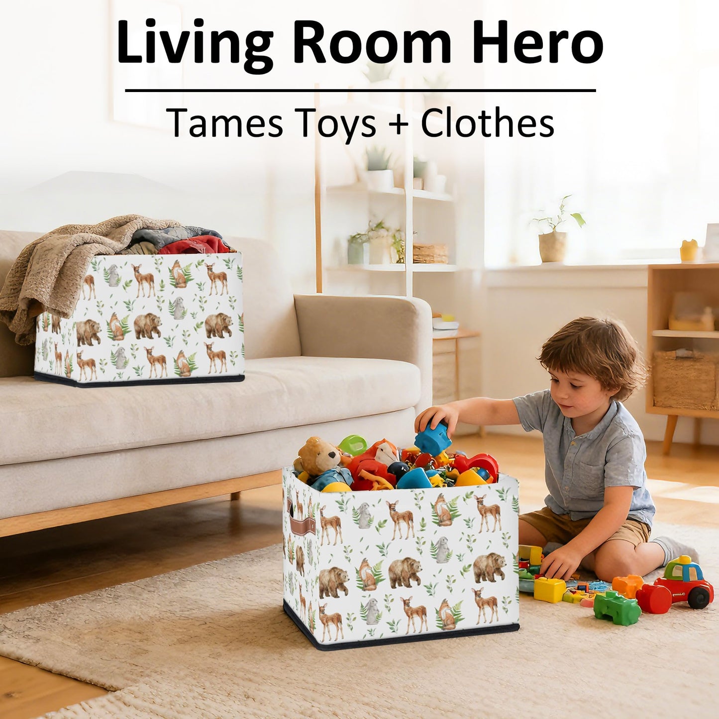Rectangular Kids Bear Storage Basket Bins - Waterproof Foldable Woodland Animals Storage Box with Sturdy Metal Frame and Handles, Collapsible Organizer for Toys, Blankets in Kids Room Playroom Nursery