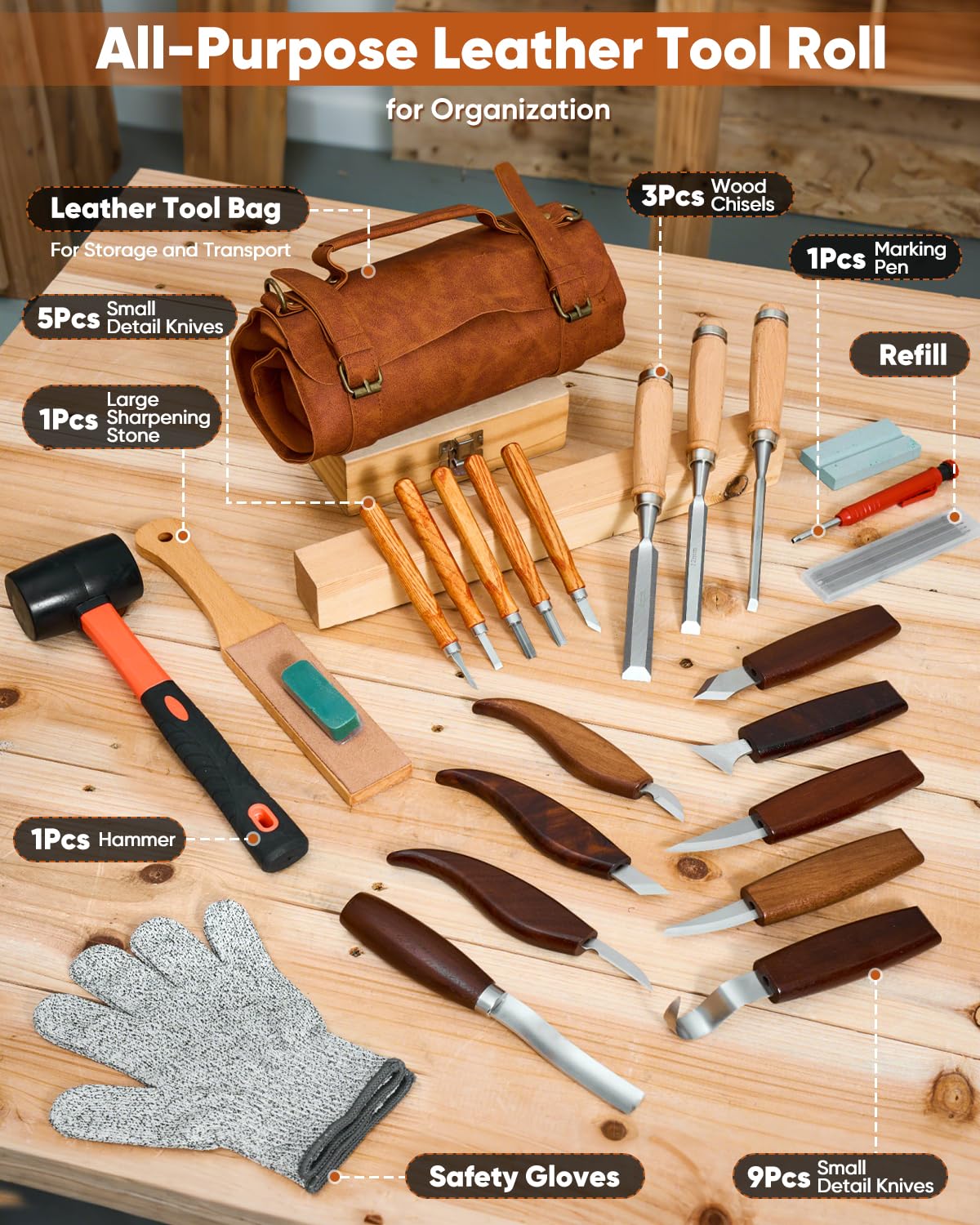 SakerNeo Deluxe Wood Carving Kit, 25 Piece Wood Carving Tools with Thick Leather Storage Bag,Wood Whittling Tools -Ideal Woodworking Tools and Hobbies for Beginners Enthusiasts Gift DIY