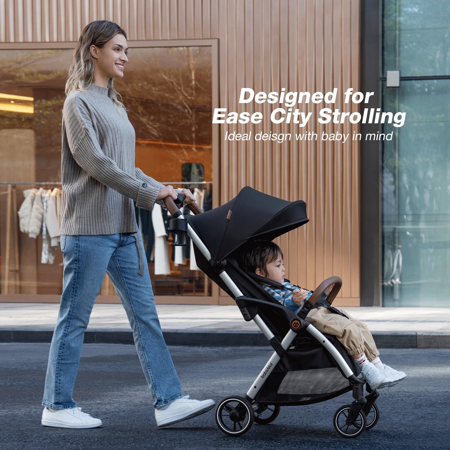 Babideal Lightweight Travel Stroller for Baby, Self-Folding Toddler Stroller with Large Canopy, Full-Reclining Seat, Cup Holder Included - Newborn to 50lbs. (Black)