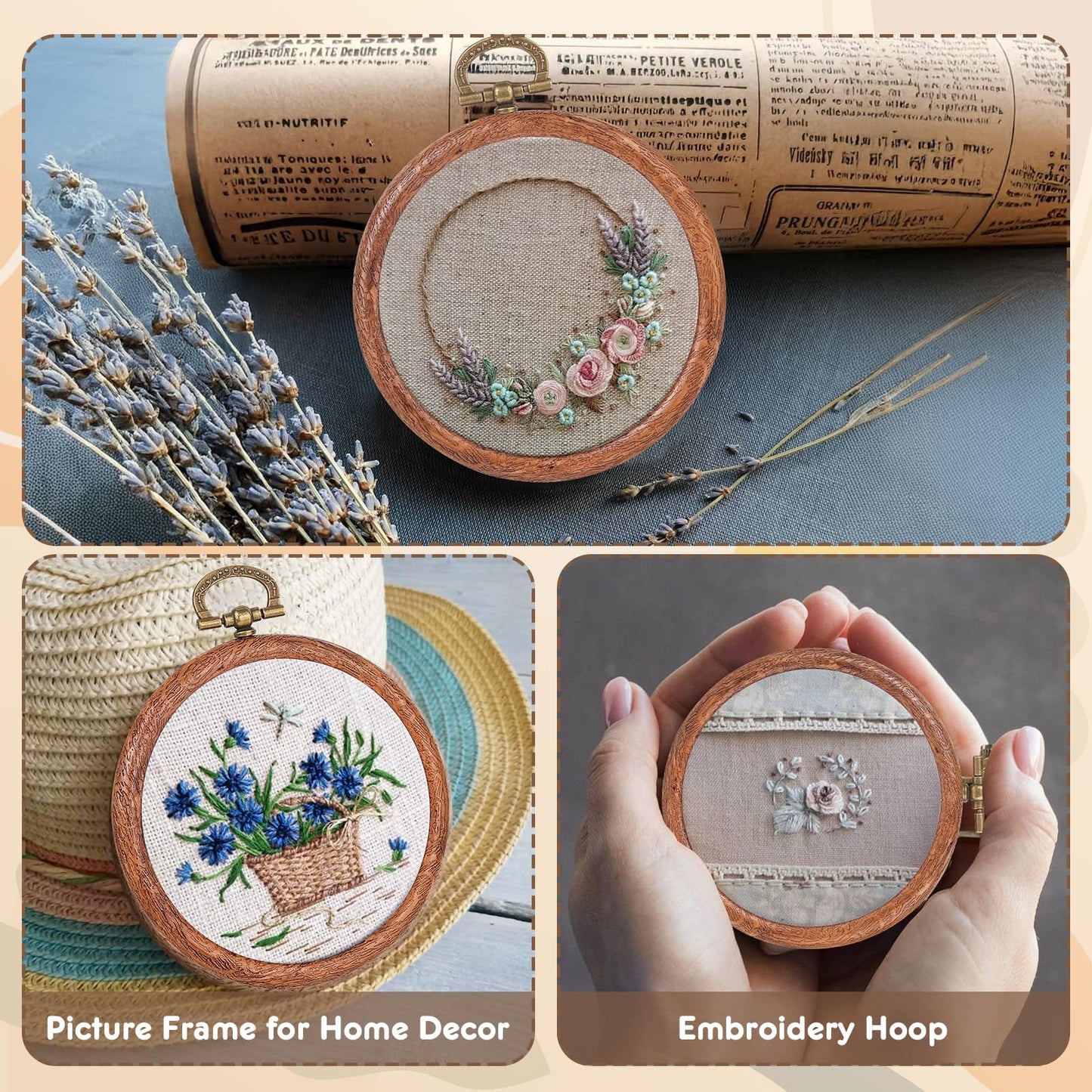 15 Pcs 3 Inch Embroidery Hoop Set, Imitation Wood Rubber Cross Stitch Hoops, Round Sewing Frames for DIY Crafts, Art Projects, and Gift Making