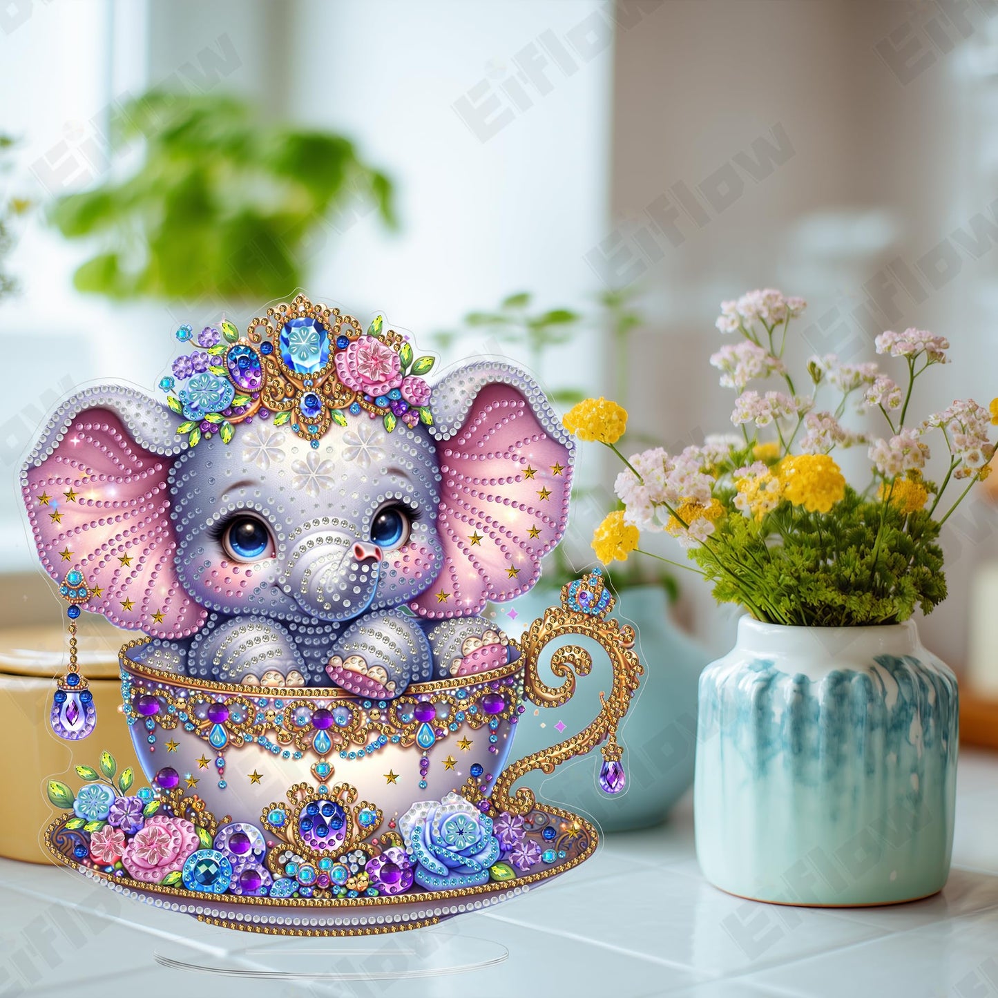 Eiflow Diamond Art Tabletop Kit for Adults, DIY Desktop Diamond Art Painting with Stand, Acrylic Stand Up Gem Painting Board Kit (Elephant)