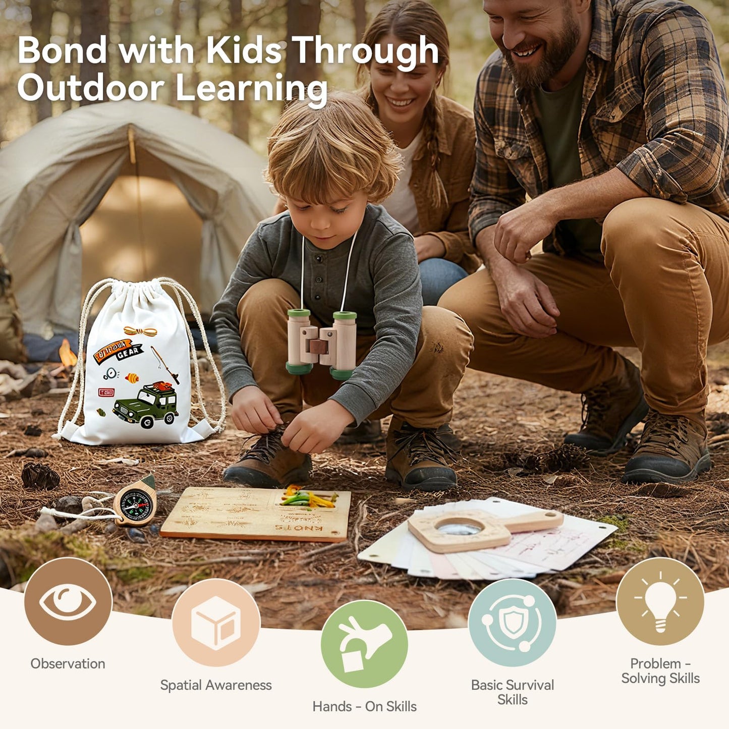 Kids Outdoor Explorer Kit Ages 4–8, Wooden Binoculars, Compass and Knot-Tying Board, Nature STEM Learning & Camping Toy Birthday Gift for Boys and Girls