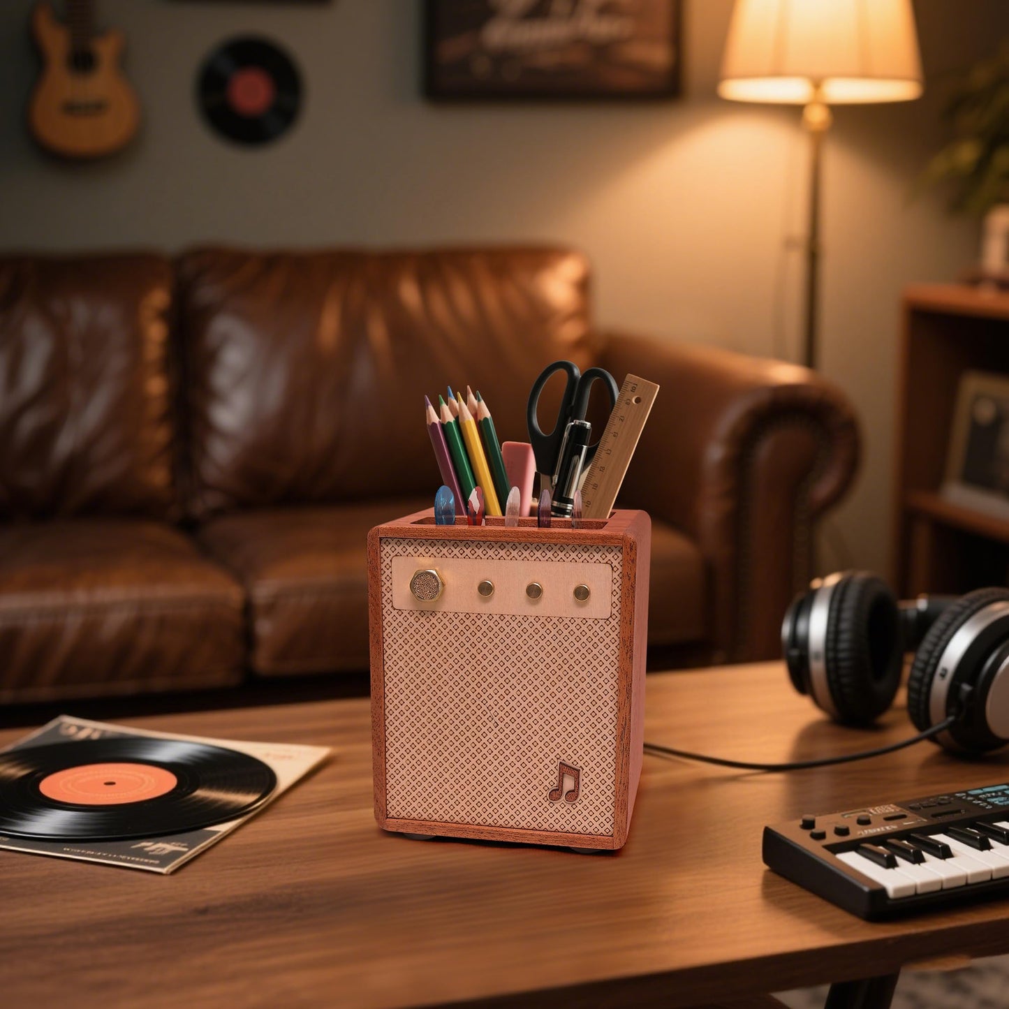 CoolGift Mart Guitar Accessories, Sapele Wood Amp Styled Guitar Pick Holder with Pen Storage, Desk Organizer Gift for Guitarists for Picks and Pens Storage
