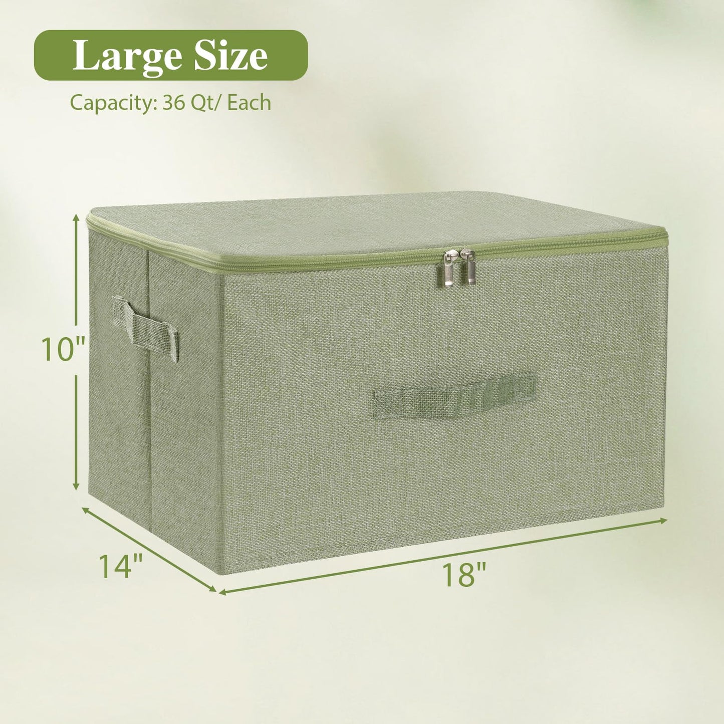 ANMINY Storage Bins with Zipper Lids 36 Qt Lidded Fabric Storage Boxes Baskets Cubes with Handles Collapsible Washable Cotton Linen Closet Shelf Clothes Organizer Containers - Green, Large